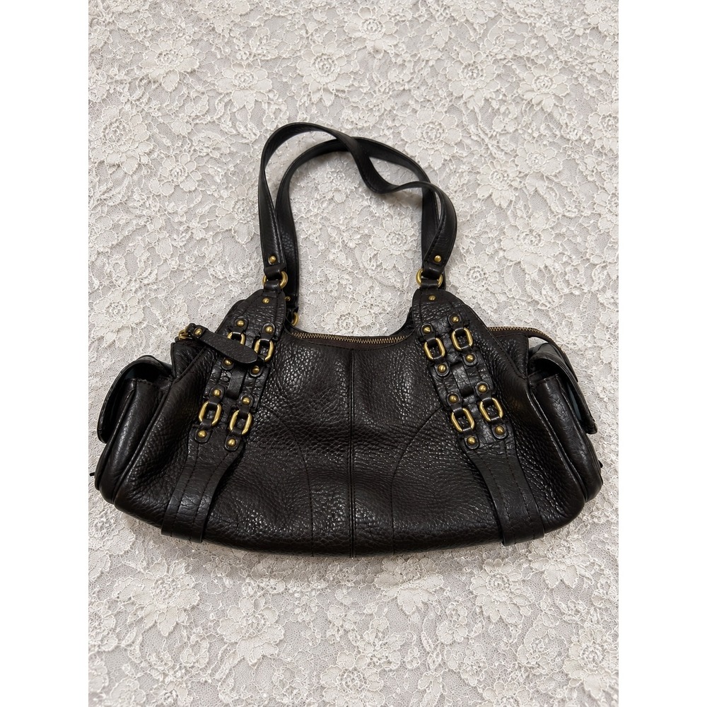 Cole Haan Dark Brown Pebbled Leather Studded Shoulder Bag Satchel Purse Y2K Boho